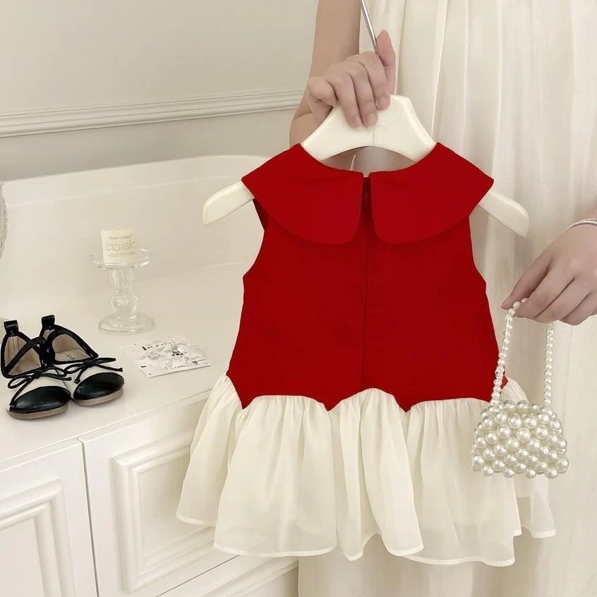 Đầm Xoè Bé Gái Tiểu Thư  Đầm Kate Cổ Nơ Phối Voan Sang Chảnh Từ 12-36kg Dành Cho Bé Gái