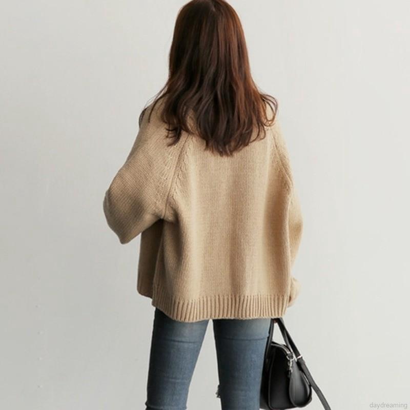 Áo khoác Cardigan dệt kim tay dài màu trơn thiết kế dáng rộng thoải mái
