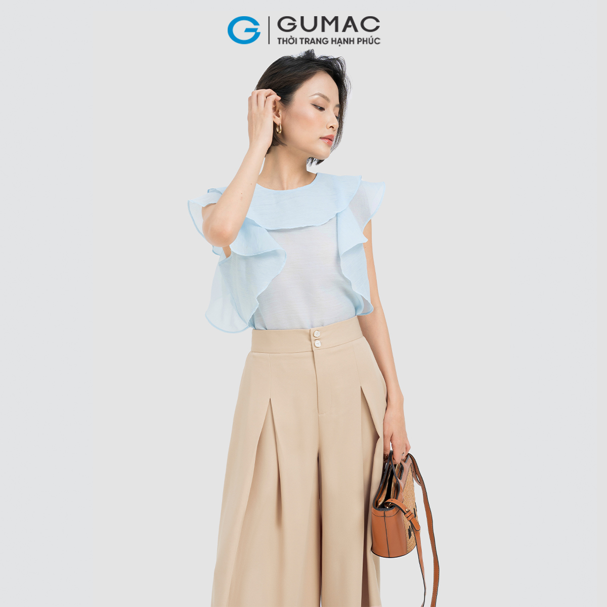 Quần dài nữ ống rộng phối ly thanh lịch tôn dáng thời trang GUMAC QD04025