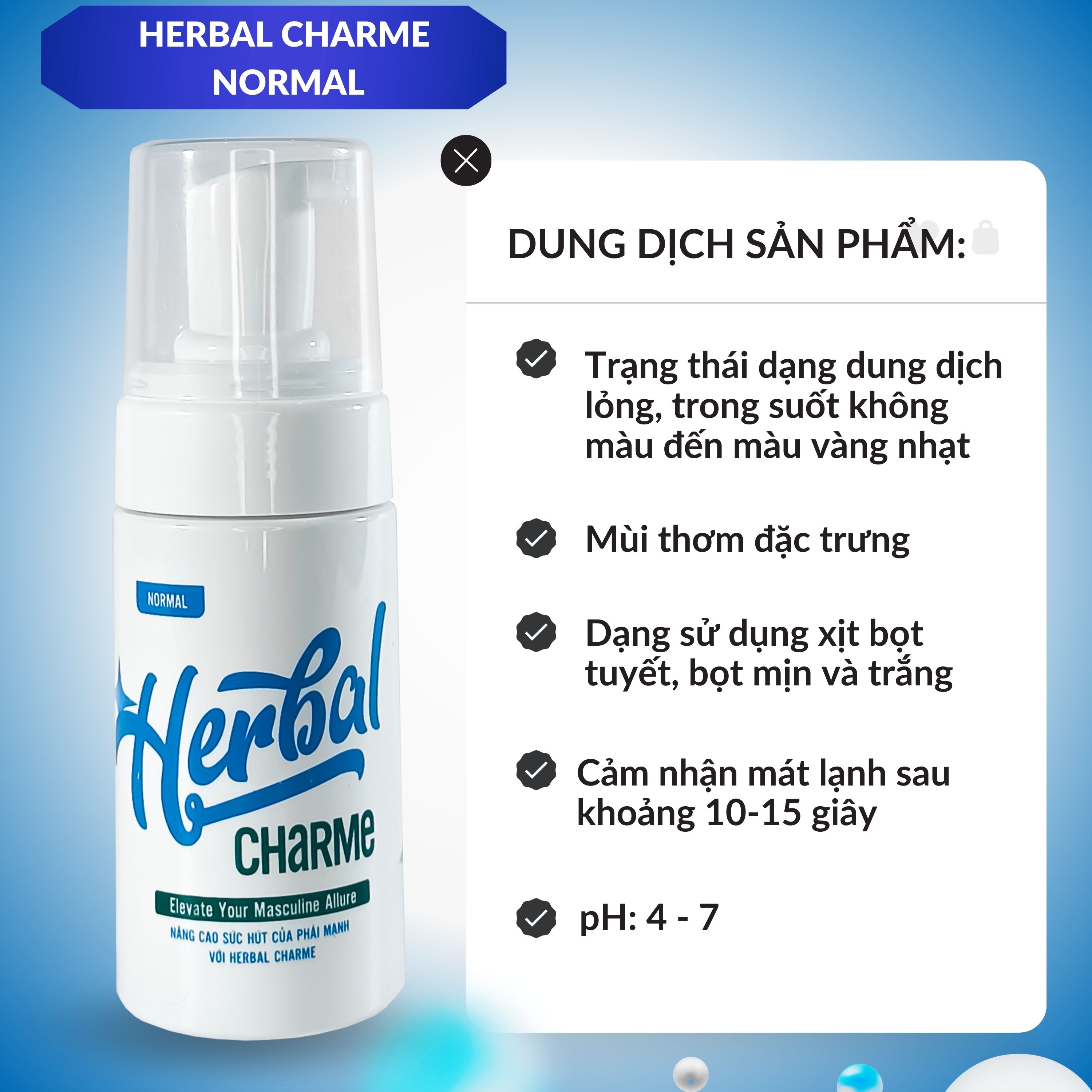 HERBAL CHARME (NORMAL) Dung Dịch Vệ Sinh Nam Giới Khử Mùi Công Nghệ Mới, Giúp Tạo Bọt Làm Sạch Sâu, Ngăn Ngừa Nấm Ngứa, Hương Thơm Nam Tính Chai 100ml