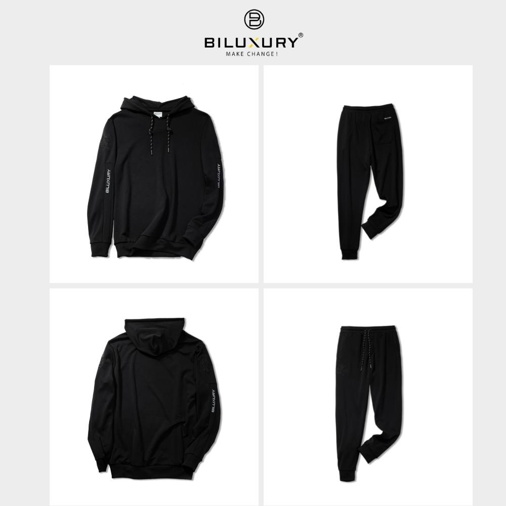 Bộ nỉ hoodie nam thể thao Biluxury phối họa tiết thêu hai bên phom slim fit ôm vừa tôn dáng khỏe khoắn 6BNMT002DEN