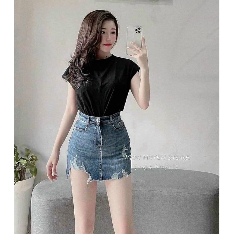 Chân váy jean rách ngắn mini có lót quần,váy bò rách