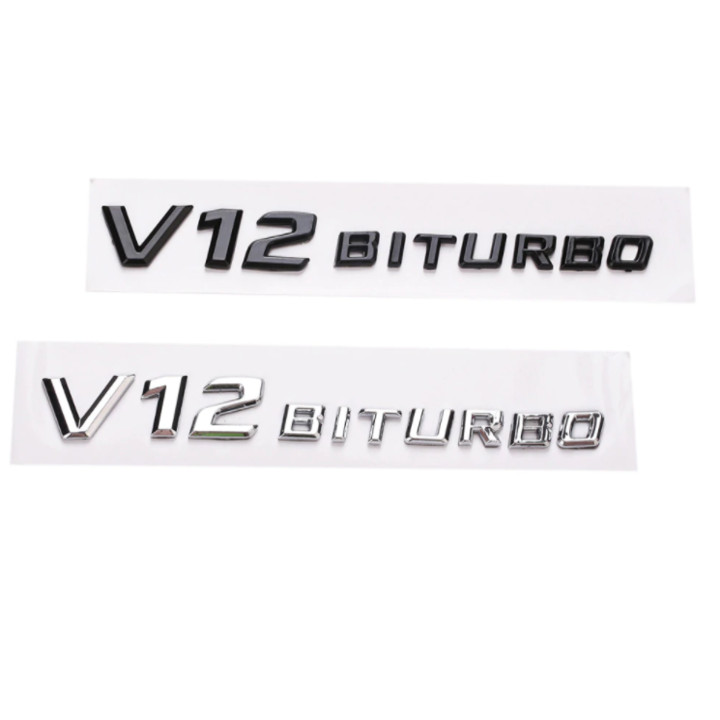 Decal tem chữ V12-Biturbo dán hông xe ô tô - Chất liệu nhựa ABS cao cấp được mạ Crom - Kích thước: 20x2.3cm - 2 màu: Đen và Bạc