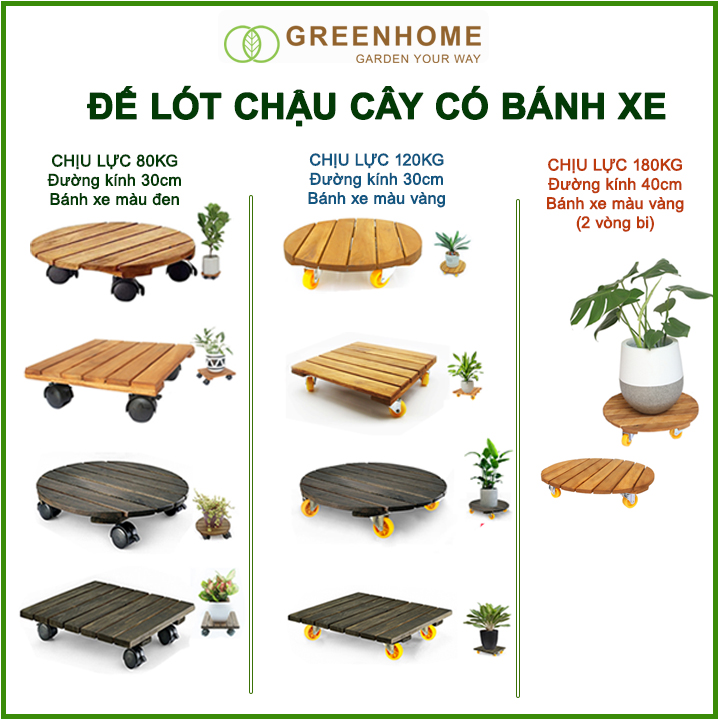 Đế lót chậu bằng gỗ Greenhome có bánh xe Tròn R30cm chịu lực 120kg