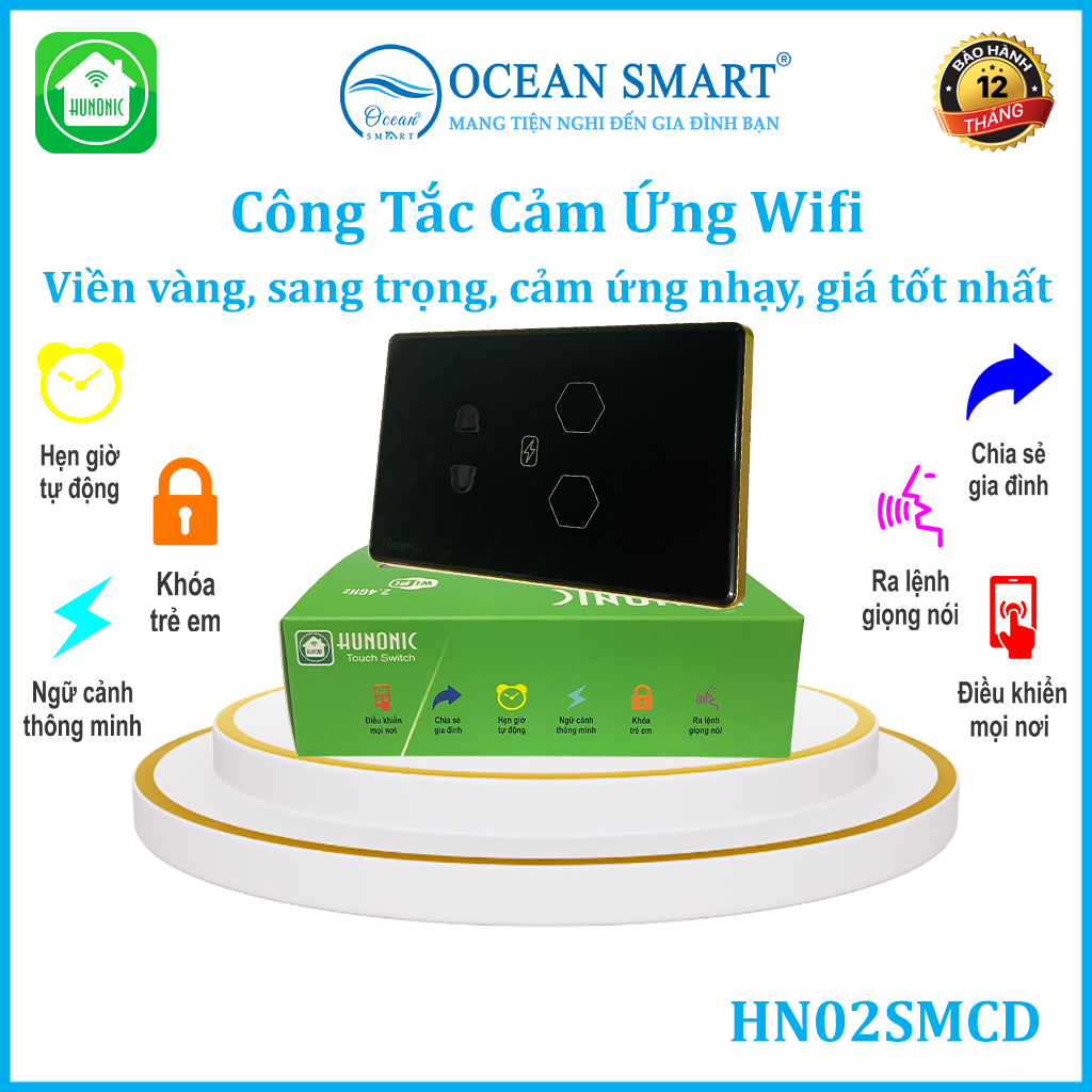 Công Tắc Cảm Ứng Wifi Hunonic, Công Tắc Kèm Ổ Cắm Thông Minh Hình Chữ Nhật Có Viền 2IN1 - HN02SMC