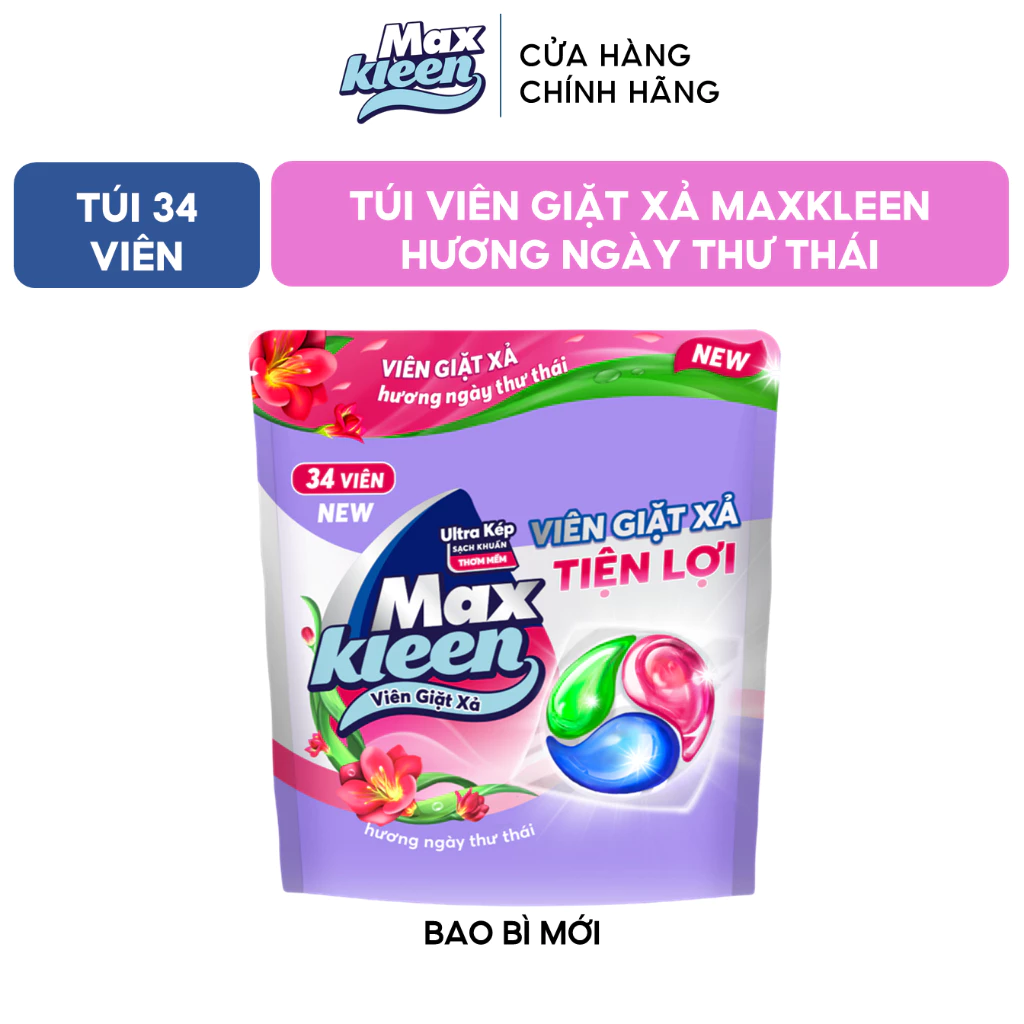 Thùng 8 túi Maxkleen Viên giặt xả Hương Ngày Thư Thái Túi 34 viên