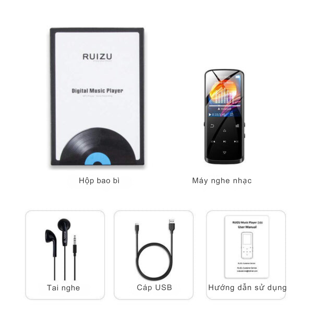 Ruizu D50: Máy nghe nhạc nhỏ gọn, đa năng Thiết kế bền bỉ: Vỏ kim loại chắc chắn, màn hình LCD tiện dụng Nghe nhạc MP3, FLAC với Bluetooth, radio FM, ghi âm  Bộ nhớ 16GB, thẻ nhớ mở rộng Thời gian nghe lâu: Pin 12 giờ, sạc nhanh 3 giờ - Hàng nhập khẩu