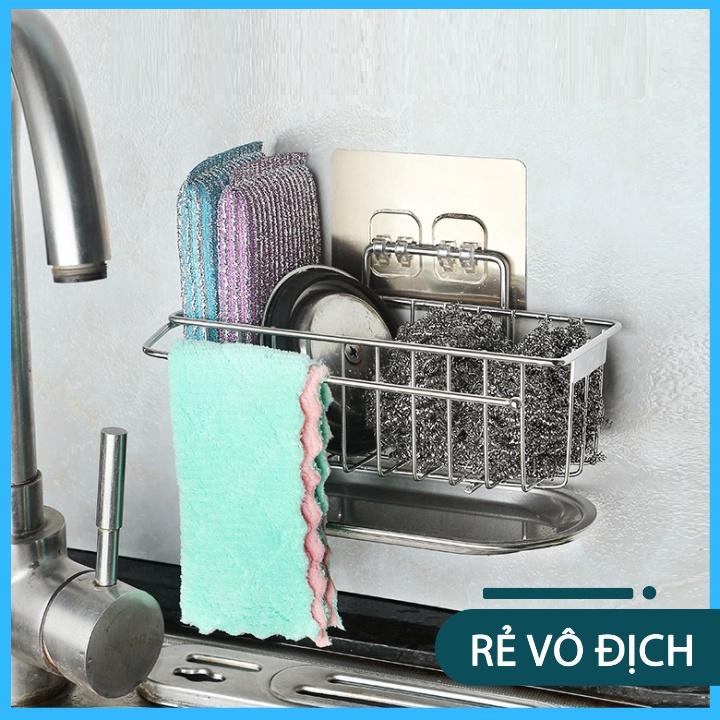 Kệ Inox Để Đồ Rửa Bát Dán Tường Kèm Khay Hứng Nước, Móc Treo Khăn Đa Năng - Giá Để Đồ Rửa Bát