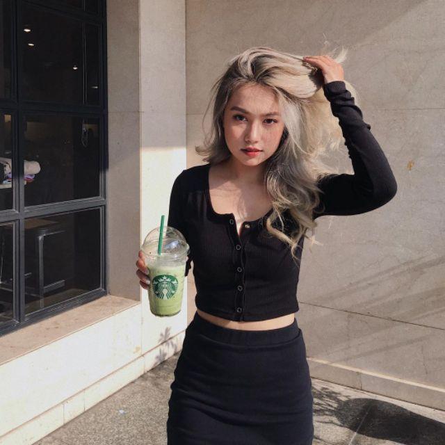 ÁO CROP NÚT BẤM THUN GÂN TAY DÀI FORM ÔM