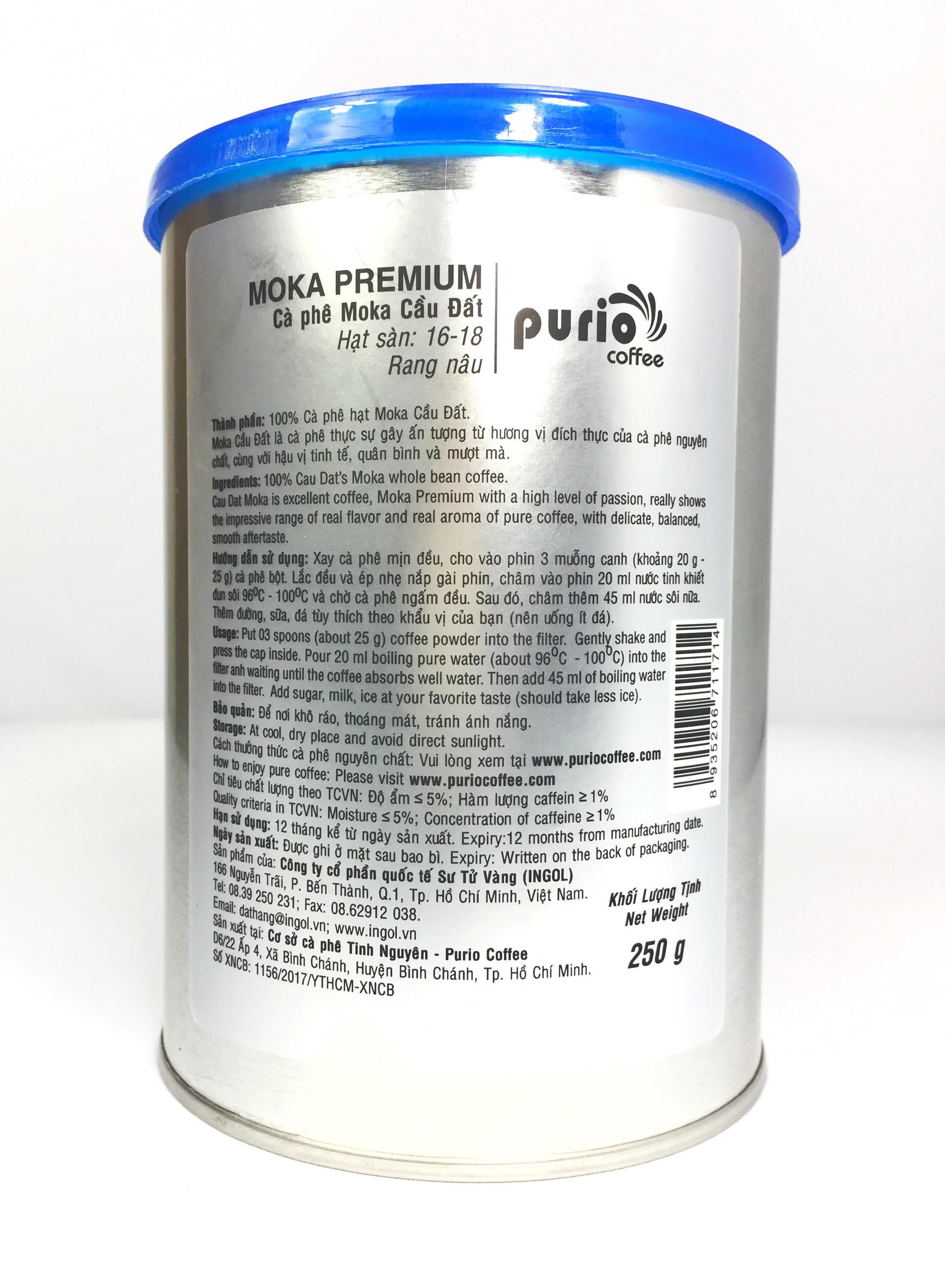 PURIO Coffee - cà phê hạt rang mộc, Moka Premium, 100% hạt Moka, Đắng dịu - Đạt tiêu chuẩn HACCP - Lon 250gr