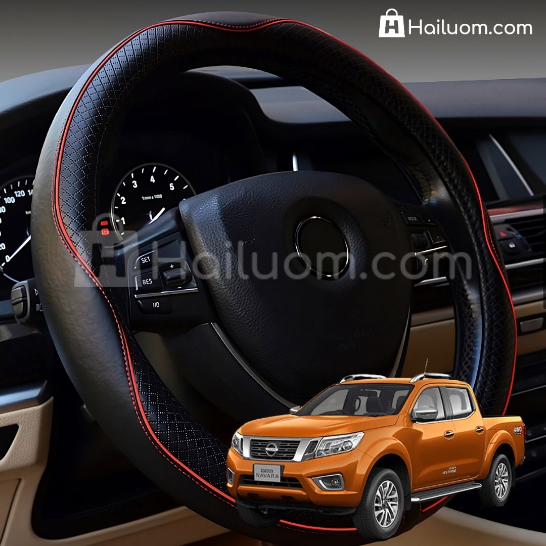 Bọc Vô Lăng ô tô cho NISSAN NAVARA Da Thật Cao Cấp - Màu Đen Chỉ Đỏ