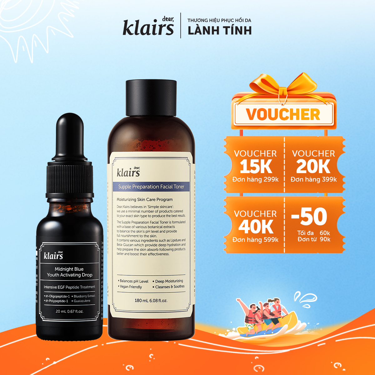 Combo Dear,Klairs Nước hoa hồng Supple Preparation Facial Toner 180ml+Tinh chất Midnight Blue Youth Activating Drop 20ml