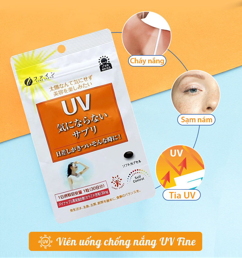 Viên uống chống nắng UV Fine Japan giúp bảo vệ da tối ưu, dưỡng sáng làn da, hạn chế sạm nám và tàn nhang, tăng cường sức khỏe làn da JN-UV01