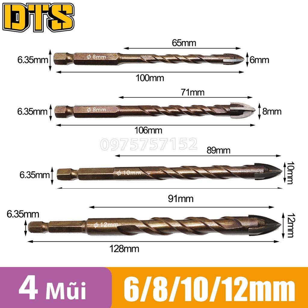 Bộ 4 Mũi khoan đa năng 4 cạnh chân lục giác mũi thép hợp kim Cacbua, khoan kính thủy tinh, gốm, gạch ốp lát, đá các loại