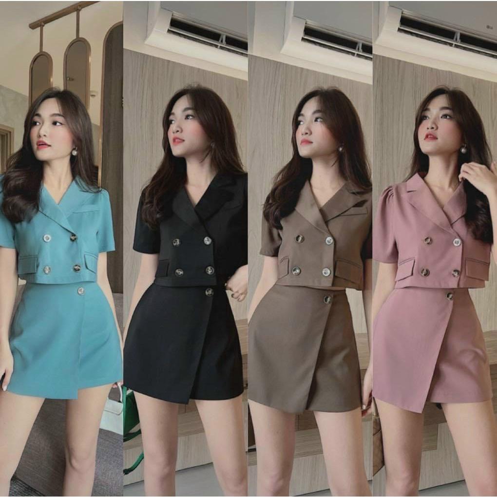 Set bộ đồ nữ áo vest croptop mix chân váy giả quần sang chảnh, xinh xắn dành cho các đi chơi, đi làm