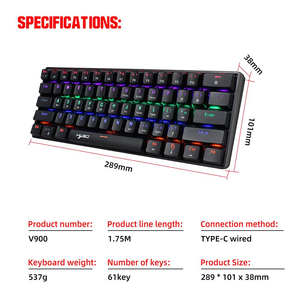 HXSJ V900 Wired 61-key Compact Mechanical Keyboard RGB Backlit Keyboard N-key Rollover Blue Switch Double Shot Keycaps