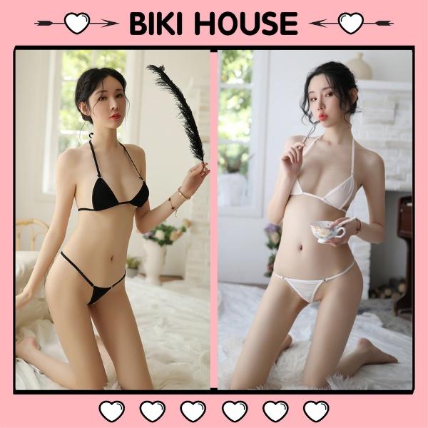 Bộ đồ lót nữ buộc dây sexy gợi cảm set quần lót lọt khe kèm áo ngực không gọng đen trắng khiêu gợi BIKI HOUSE T324