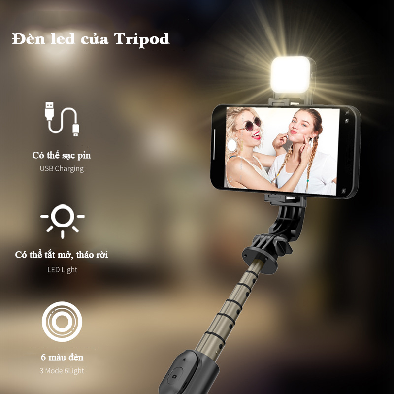 Tripod / Gậy Chụp Hình Bluetooth 3 Chân Bearhome.Có Đèn Led 6 Màu Trợ Sáng. Chất Liệu Cao Cấp, Chắc Chắn