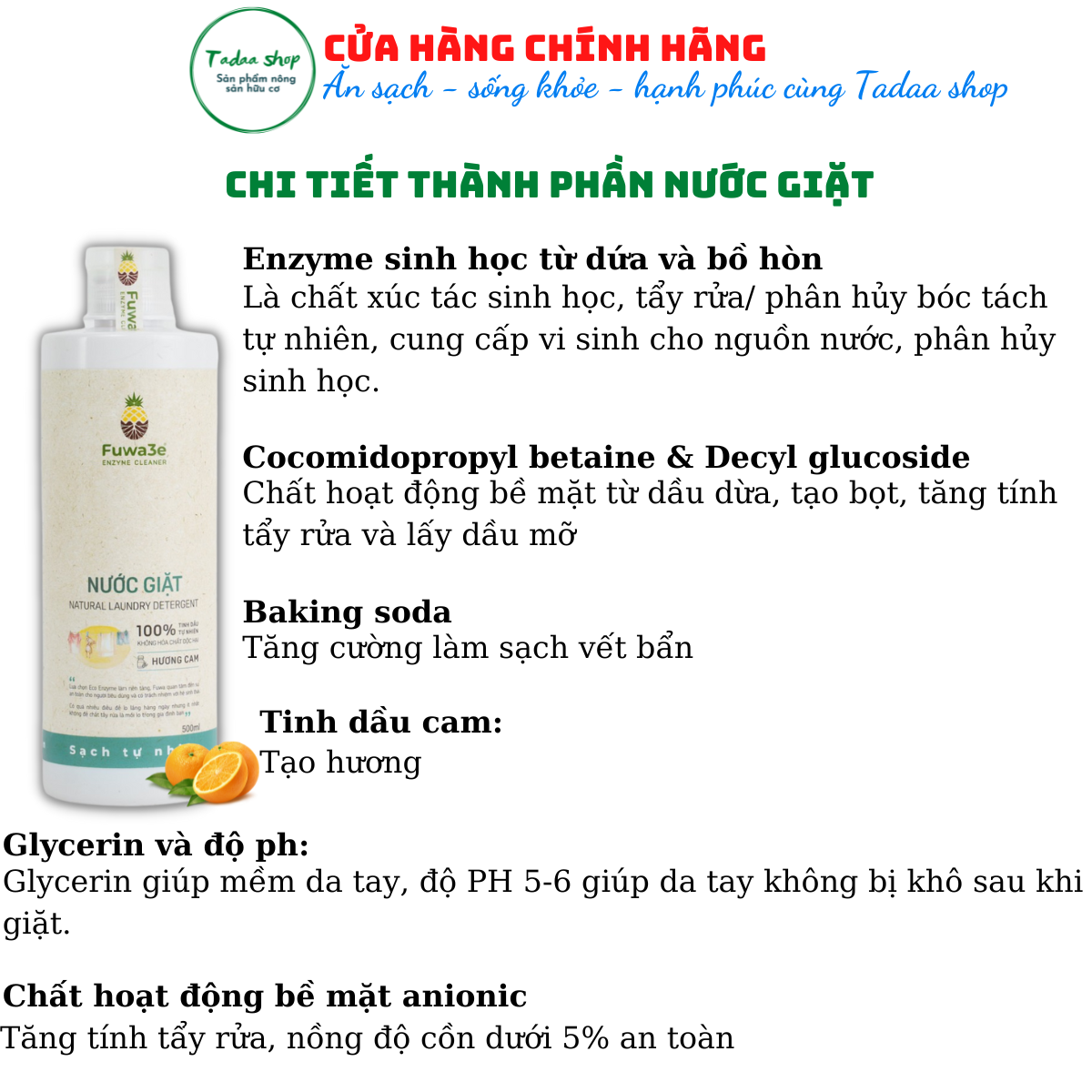 Nước giặt hữu cơ Organic Fuwa3e hương cam sạch nhanh tiết kiệm nước, không hại da tay chai 500ml