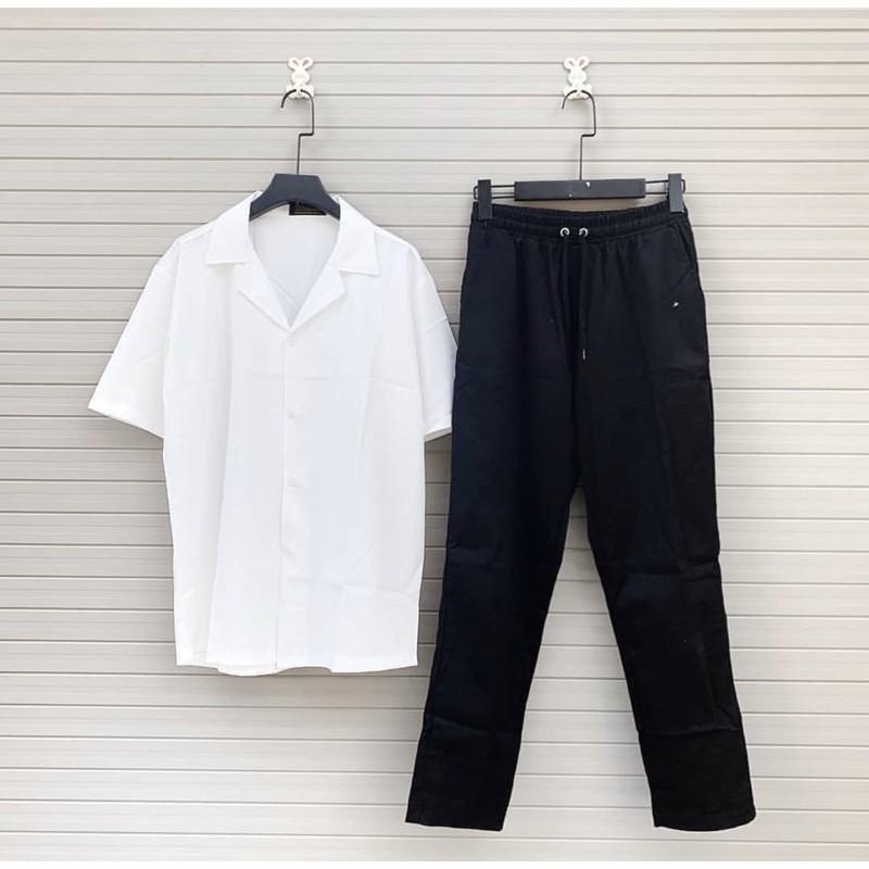 Áo Sơ Mi Trắng Đen Ngắn Tay Cổ Vest Vải Lụa Nam Nữ Unisex