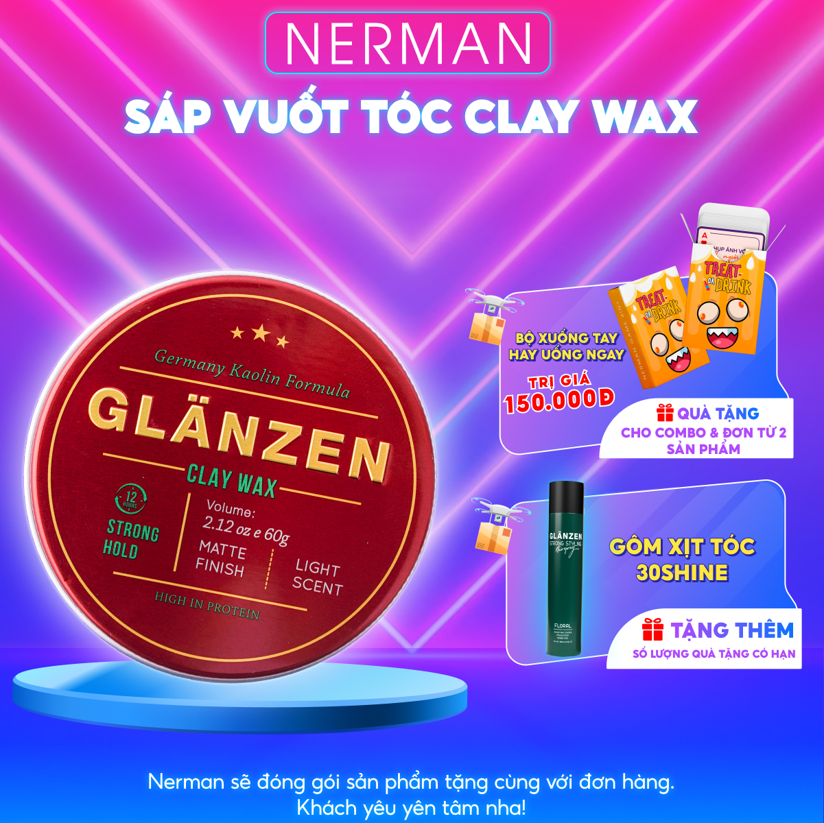Bộ quà tặng nam giới SHINEMAN - Sữa tắm gội hương nước hoa 350ml & Sáp vuốt tóc nam Glanzen 60g