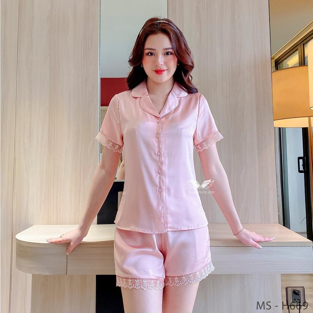 Đồ bộ nữ mặc nhà Pijama lụa Pháp mềm mát VINGO tay ngắn quần đùi viền phối ren thanh lịch mặc mùa hè thoải mái H669 VNGO