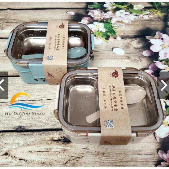 Hộp cơm giữ nhiệt văn phòng HADU inox 304 gồm 4 khay có thìa nắp đậy khóa kép an toàn cao cấp