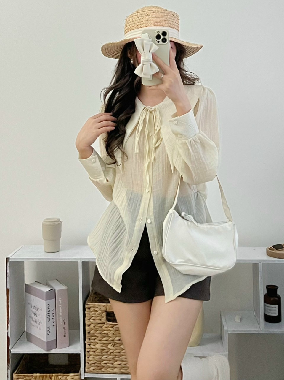 Áo sơ mi tơ cổ nhọn cột nơ tiểu thư nhiều màu