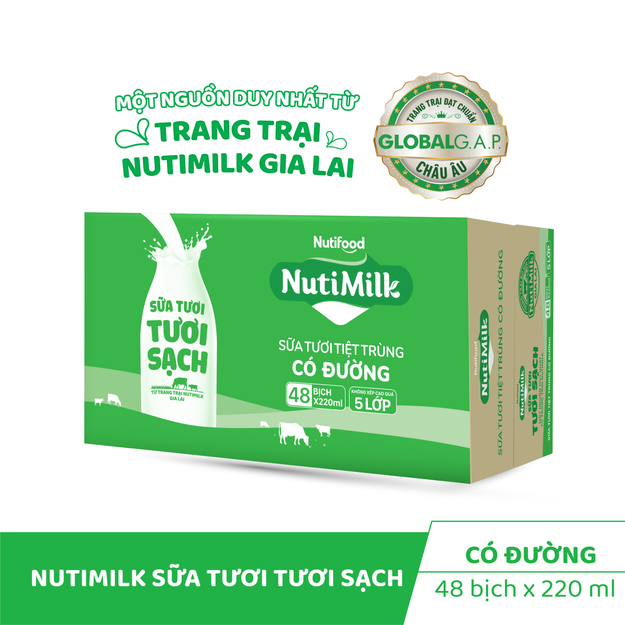 Thùng NutiMilk sữa tươi tươi sạch có đường bịch 220ml - (48 bịch x 220ml)