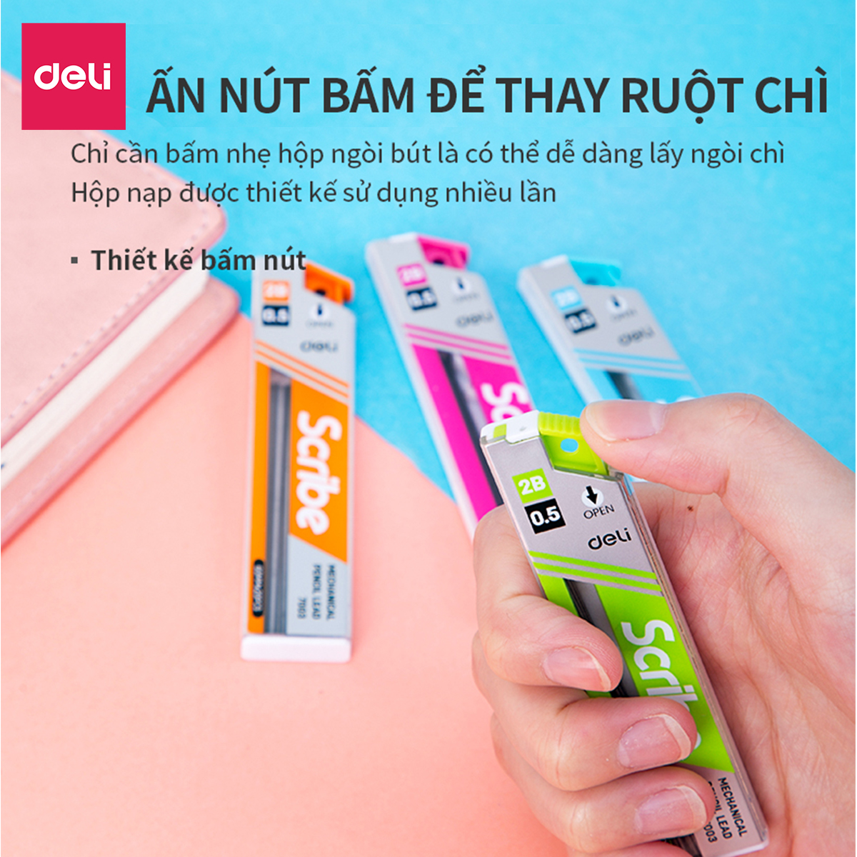 Ruột Bút Chì 0.5Mm Deli, Xanh Dương/Cam/Xanh Lục/Hồng - 2 Ống - E7003