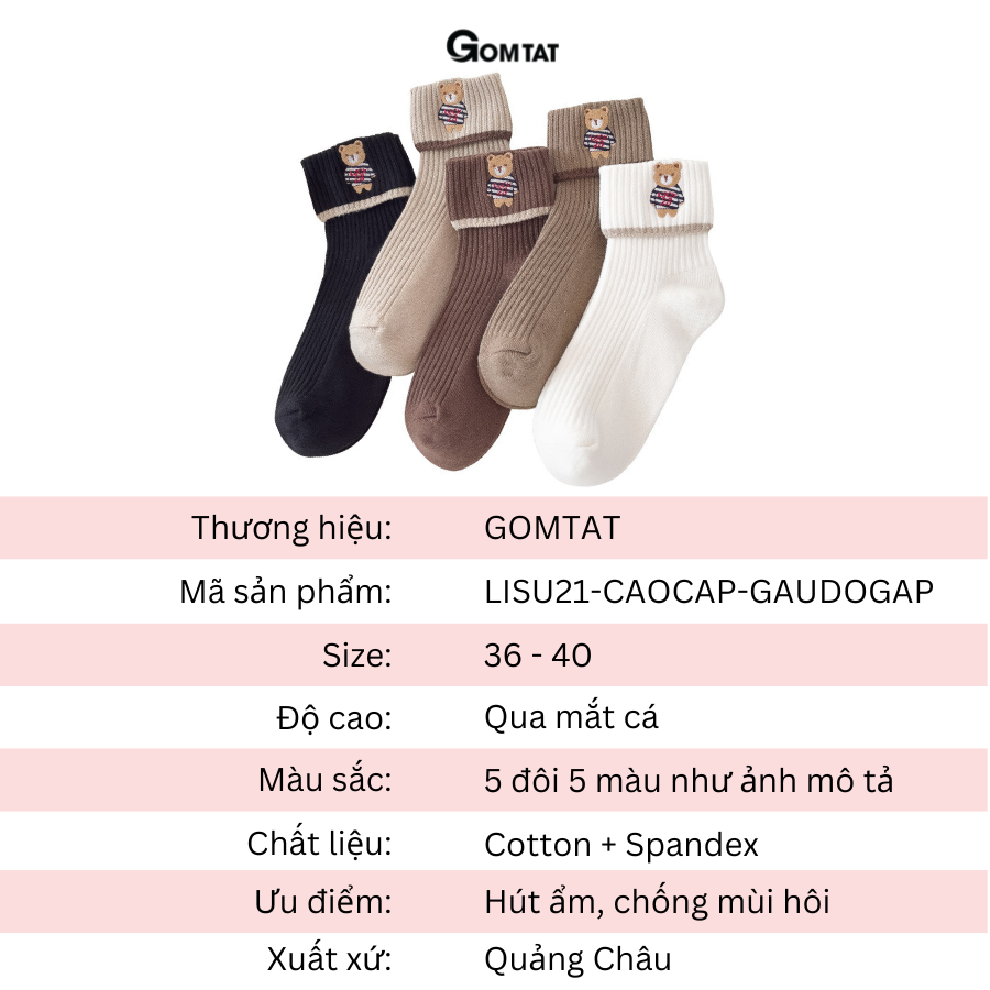 Set 5 đôi tất nữ cổ trung cổ gập cao cấp dễ thương, vớ cổ lửng nữ chất liệu mềm mại thoáng mát - LISU21-CAOCAP-GAUCOGAP