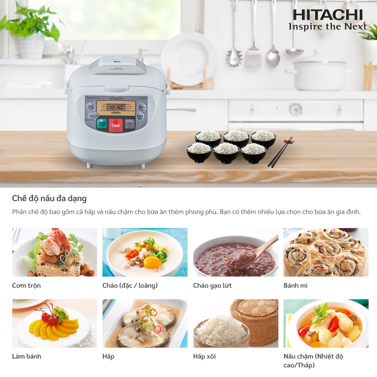 Nồi cơm điện tử 1.8L Hitachi RZ-D18GFY chế độ nấu Double Cook, sản xuất tại Thái Lan - Hàng chính hãng