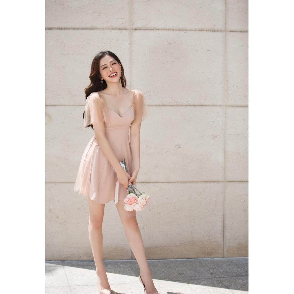 ĐẦM THẮT EO TAY LƯỚI CỔ V