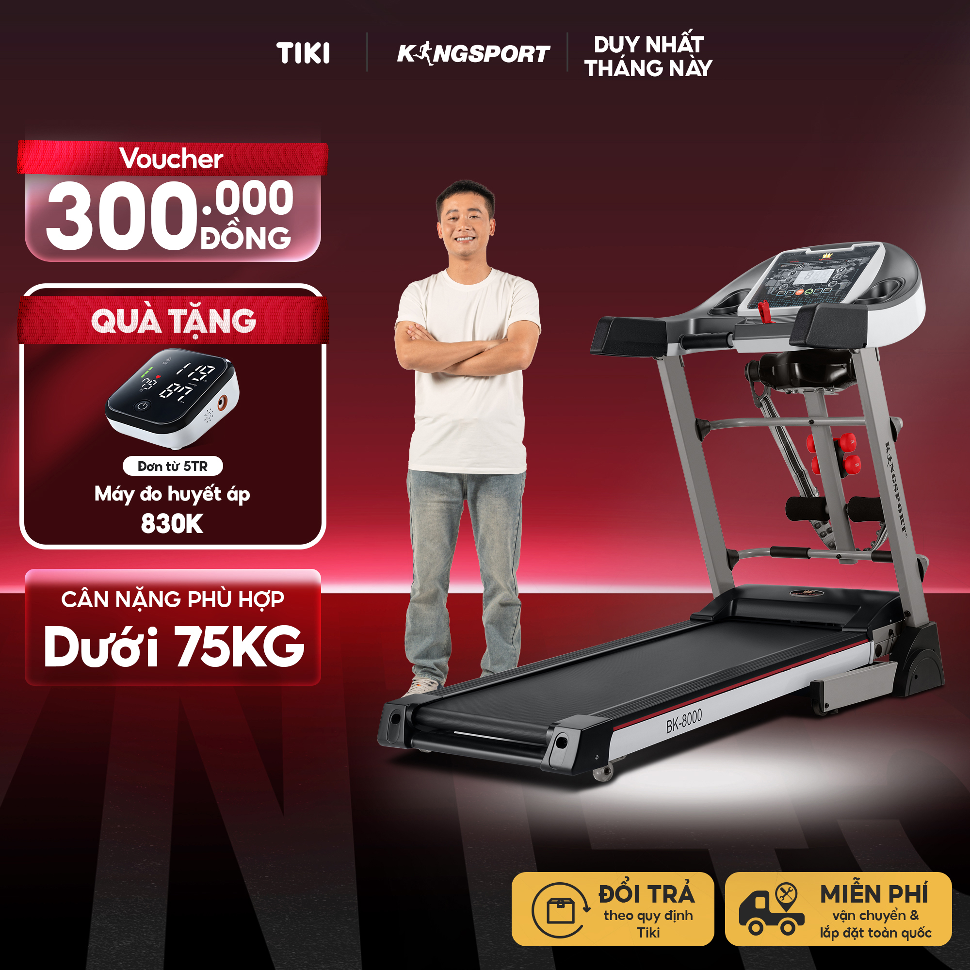 Máy Chạy Bộ Kingsport Bk - 8000 Đa Năng, Thảm Chạy Rộng Chống Trơn, Kèm Đai Massage Và Thanh Gập Bụng, Cân Nặng Phù Hợp Từ Dưới 75Kg