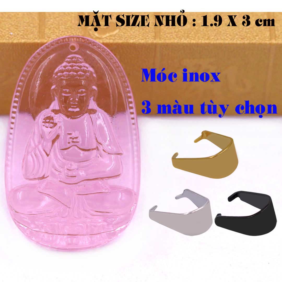 Mặt Phật A di đà pha lê hồng 1.9cm x 3cm  kèm móc dây chuyền inox vàng, Phật bản mệnh, mặt dây chuyền Phật giáo