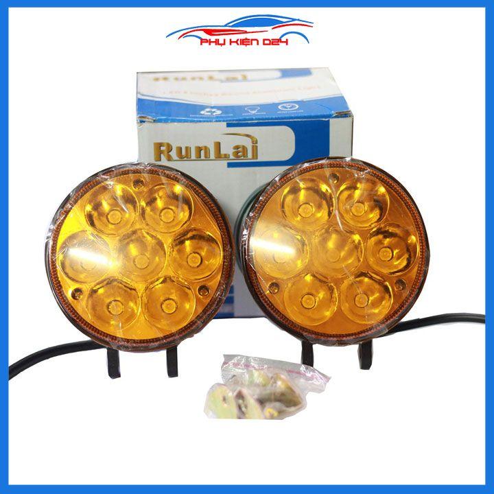 Bộ 2 đèn trợ sáng runlai 7 mắt tròn 11cm cho xe máy ô tô máy xúc máy công trình dùng điện 12/24V