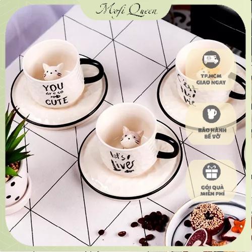 Ly sứ uống nước, Cốc uông nước, Quà lưu niệm, cute họa tiết mèo đáng yêu,kèm đế