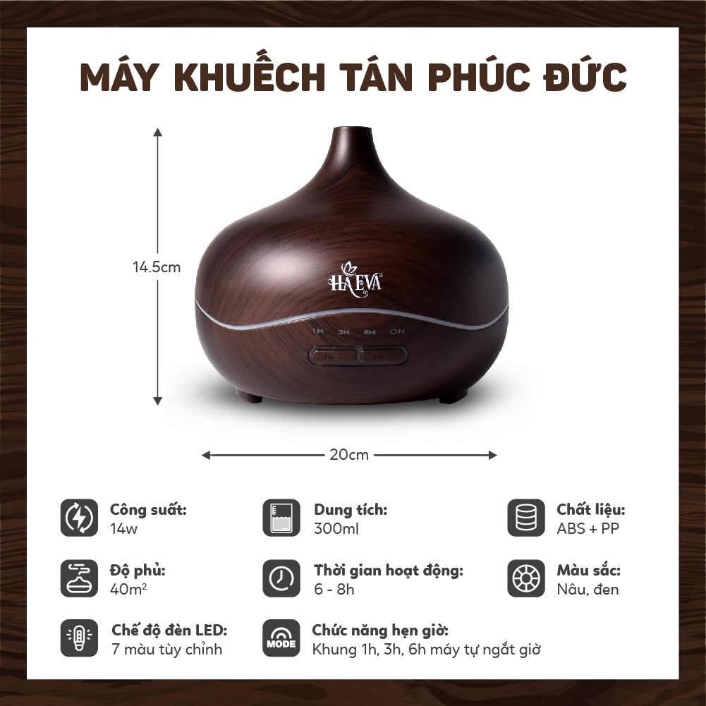 Máy xông tinh dầu HAEVA Phúc Đức khử mùi, kháng khuẩn, tạo độ ẩm, Tự ngắt khi hết nước, đèn Led 7 màu tuỳ chỉnh