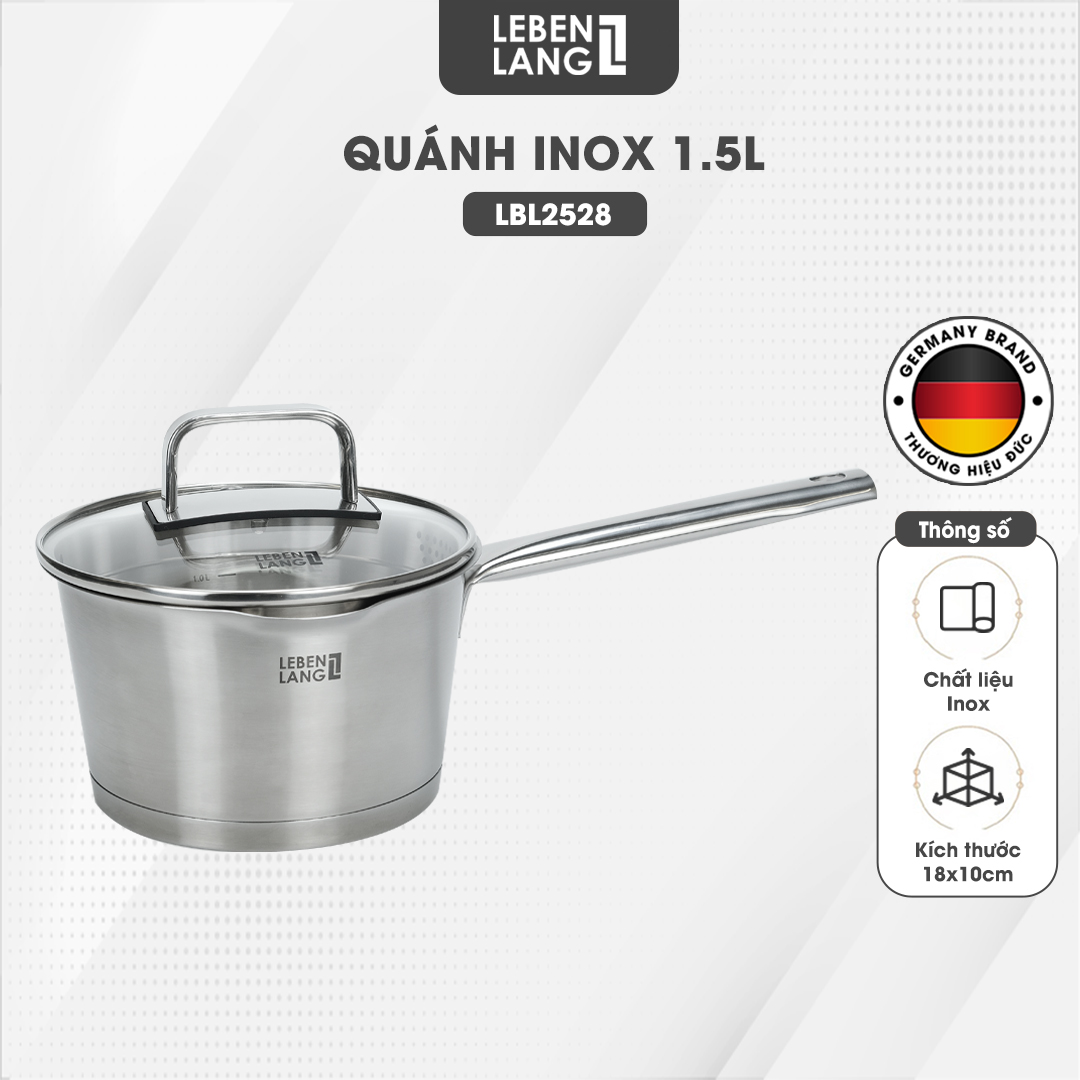 Quánh inox 304 vung kính đáy 3 lớp Lebenlang LBL2528, size 18 có khe chắt nước, dùng cho mọi loại bếp - hàng chính hãng