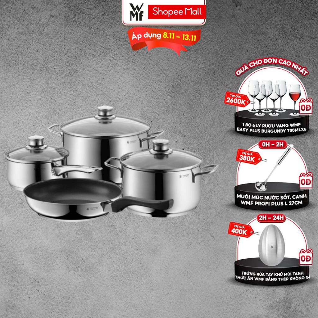 Bộ Nồi Chảo Inox WMF Diadem Plus 4 Món Cookware Set Đáy Từ 3 Lớp Nguyên Khối Dùng Cho Mọi Loại Bếp - 0730276040
