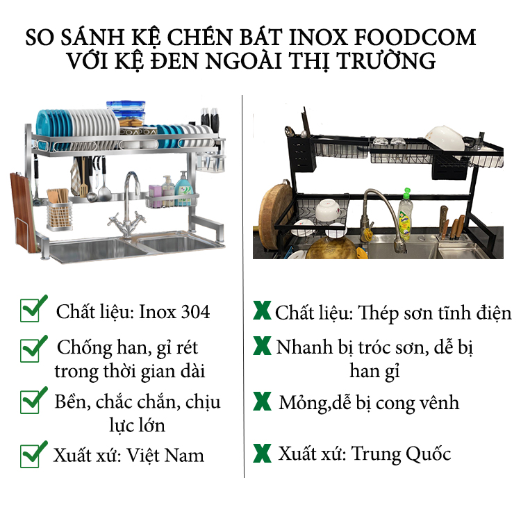 Kệ chén bát đa năng Foodcom kích thước 86cm 1 tầng dùng cho bồn đôi bằng inox cao cấp không han gỉ giá để bát trên bồn rửa ráo nước cho nhà bếp sạch sẽ tiết kiệm không gian căn bếp gia đình bạn