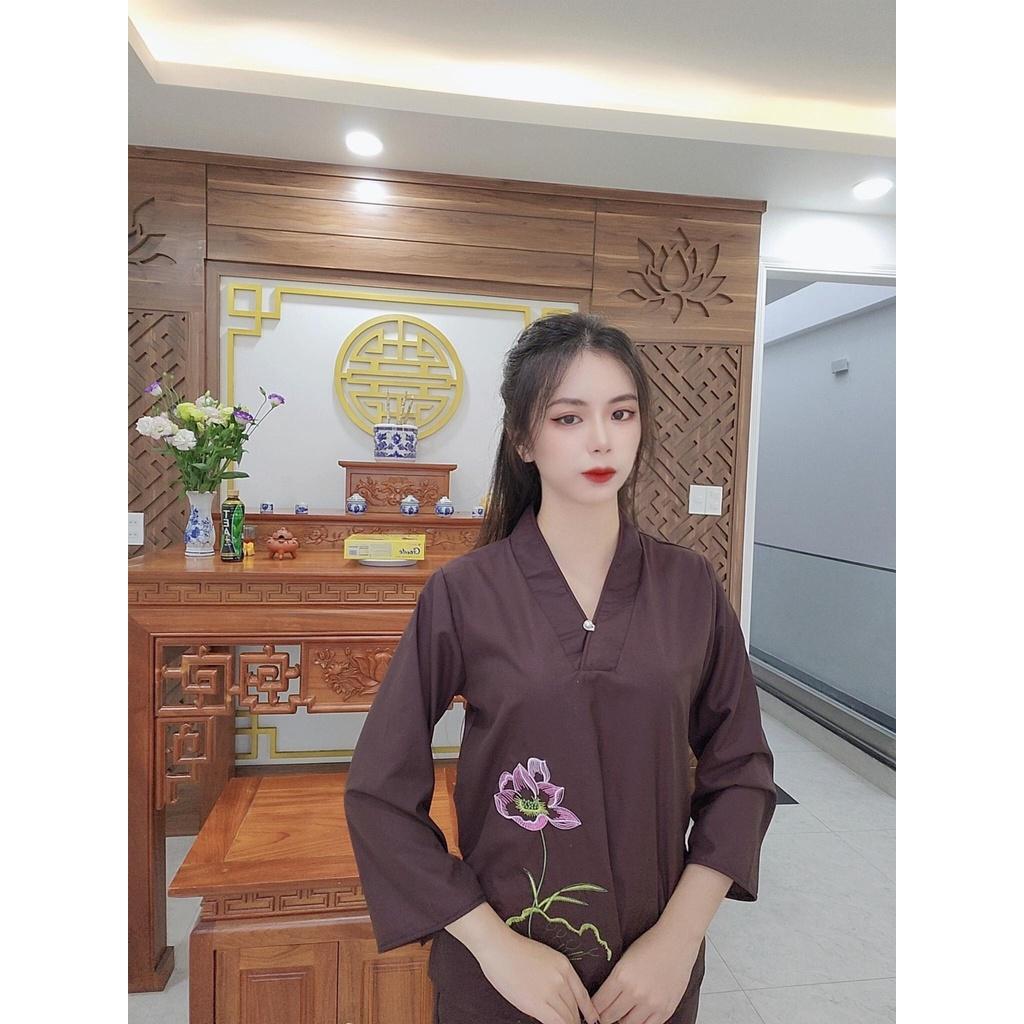 Đồ Lam Đi Chùa Bộ Đi Lễ Nút Ngọc Kate Thêu Hoa Sen V32 LAMI STORE