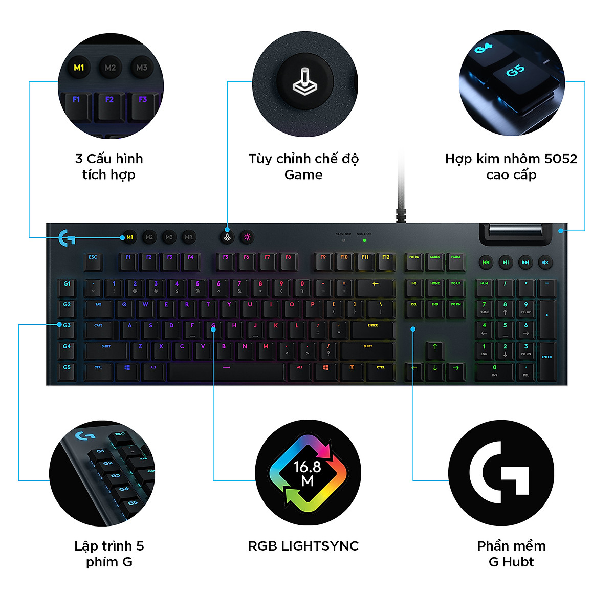 Bàn phím game cơ học RGB Logitech G813 - 3 loại switch cấu hình thấp, cổng USB 2.0, 5 nút lập trình, media chuyên biệt, RGB Lightsync - Hàng Chính Hãng