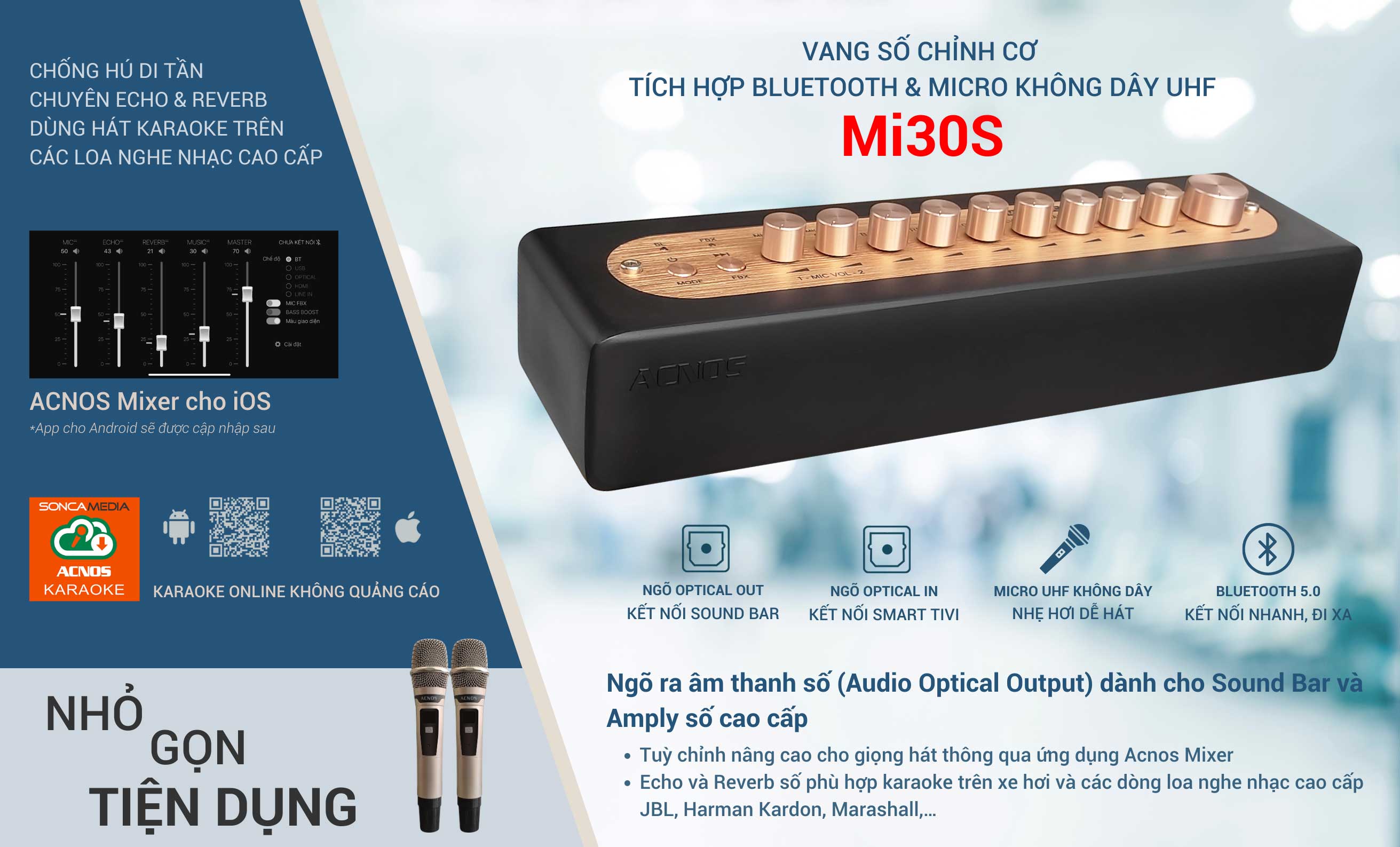 Vang số chỉnh cơ tích hợp Bluetooth &amp; Micro không dây UHF ACNOS MI30S