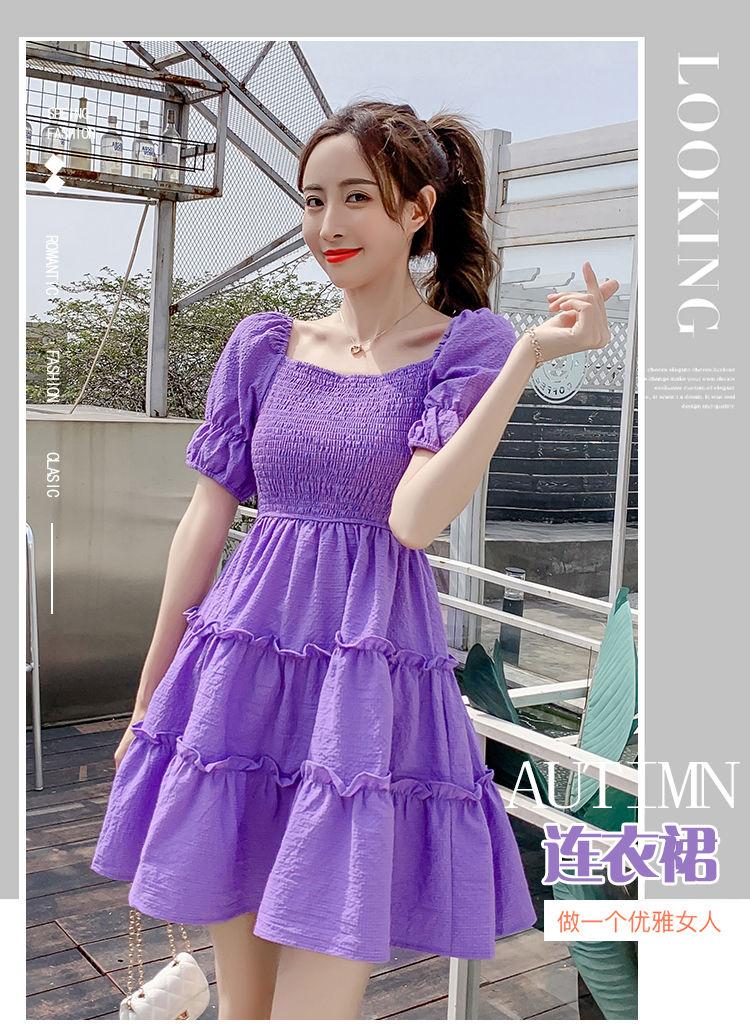 DIYIWEI Phụ nữ mùa hè 2023 Square Neck Pleated Bubble Sleeve Thu hẹp eo Khoai tây tím Vintage Pháp Orange Terrier Dress