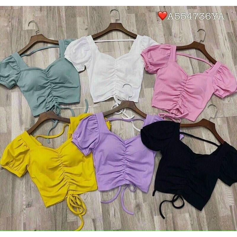 Áo nhún tay phồng hở lưng có mút ngực chats thun borip B8t