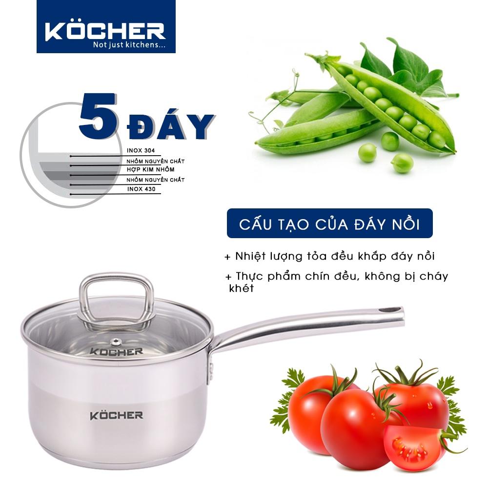 Quánh inox 304 Kocher nấu cháo cho bé 5 đáy size 16cm -Hàng chính hãng