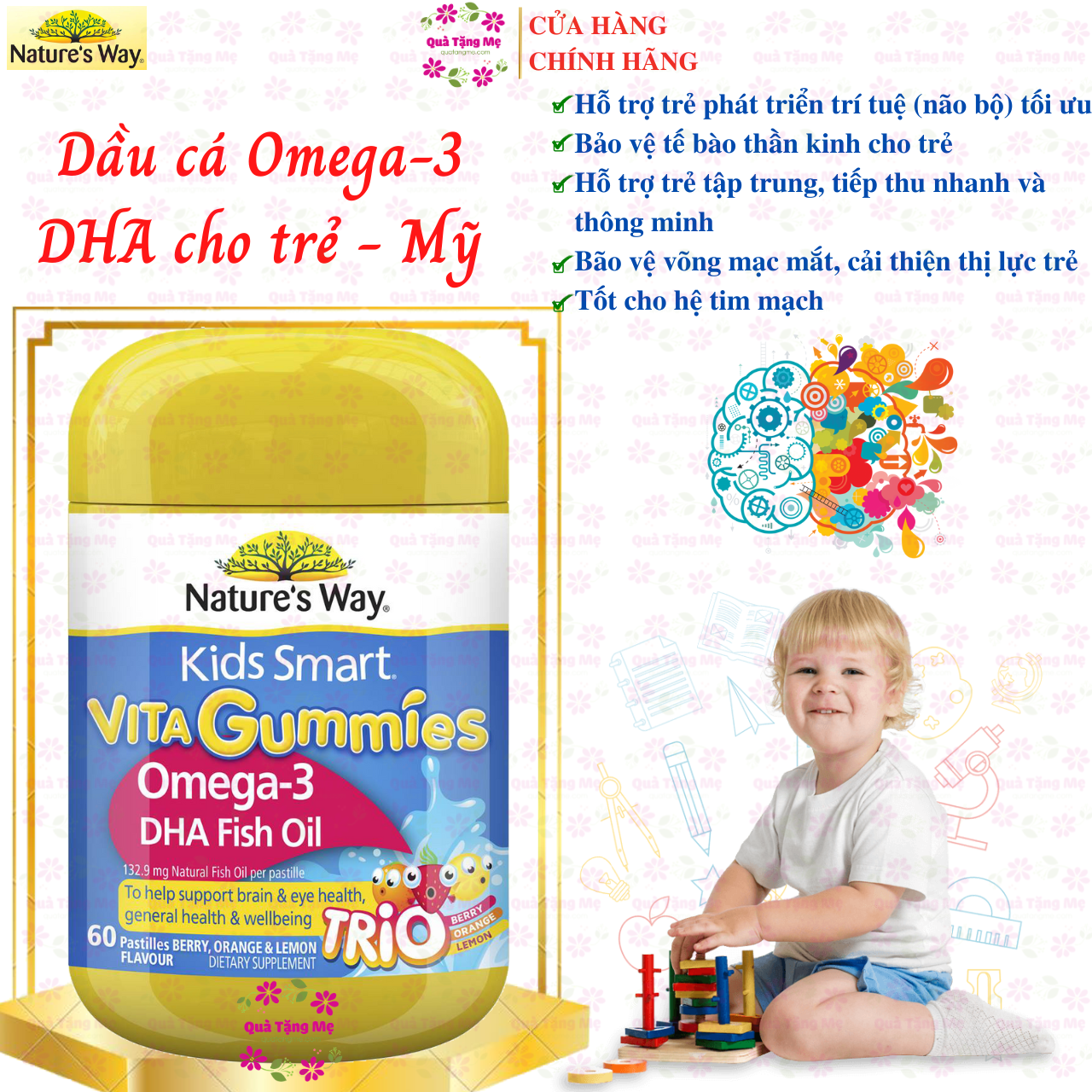 Dầu cá Omega-3 DHA cho trẻ Vita Gummies Nature's Way Mỹ hỗ trợ phát triển não bộ, bảo vệ thần kinh và thị giác của trẻ - QuaTangMe Extaste