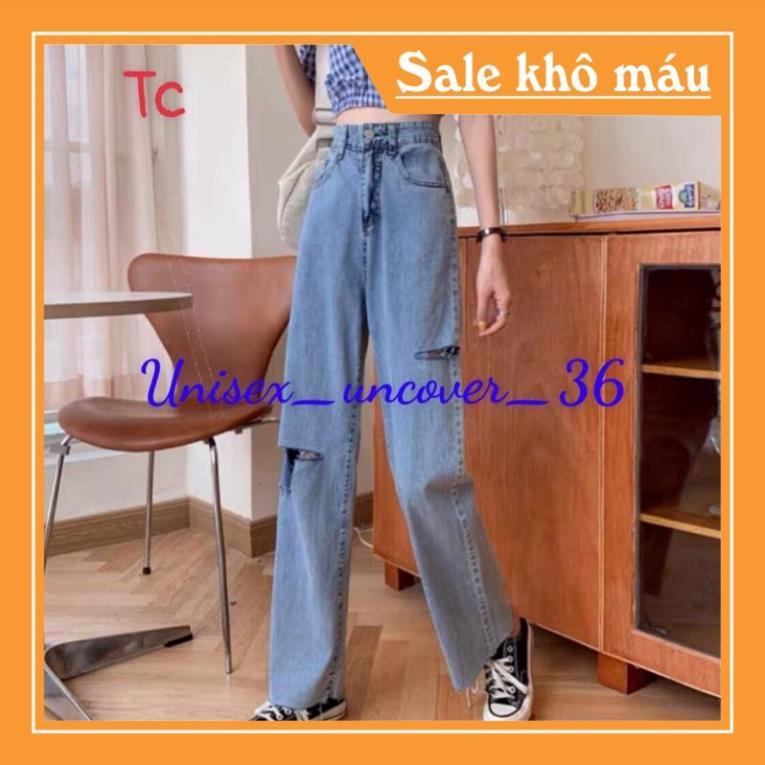 Quần Jeans Bò Nữ Ống Rộng Rách Hông &amp; Gối Sẻ Đôi