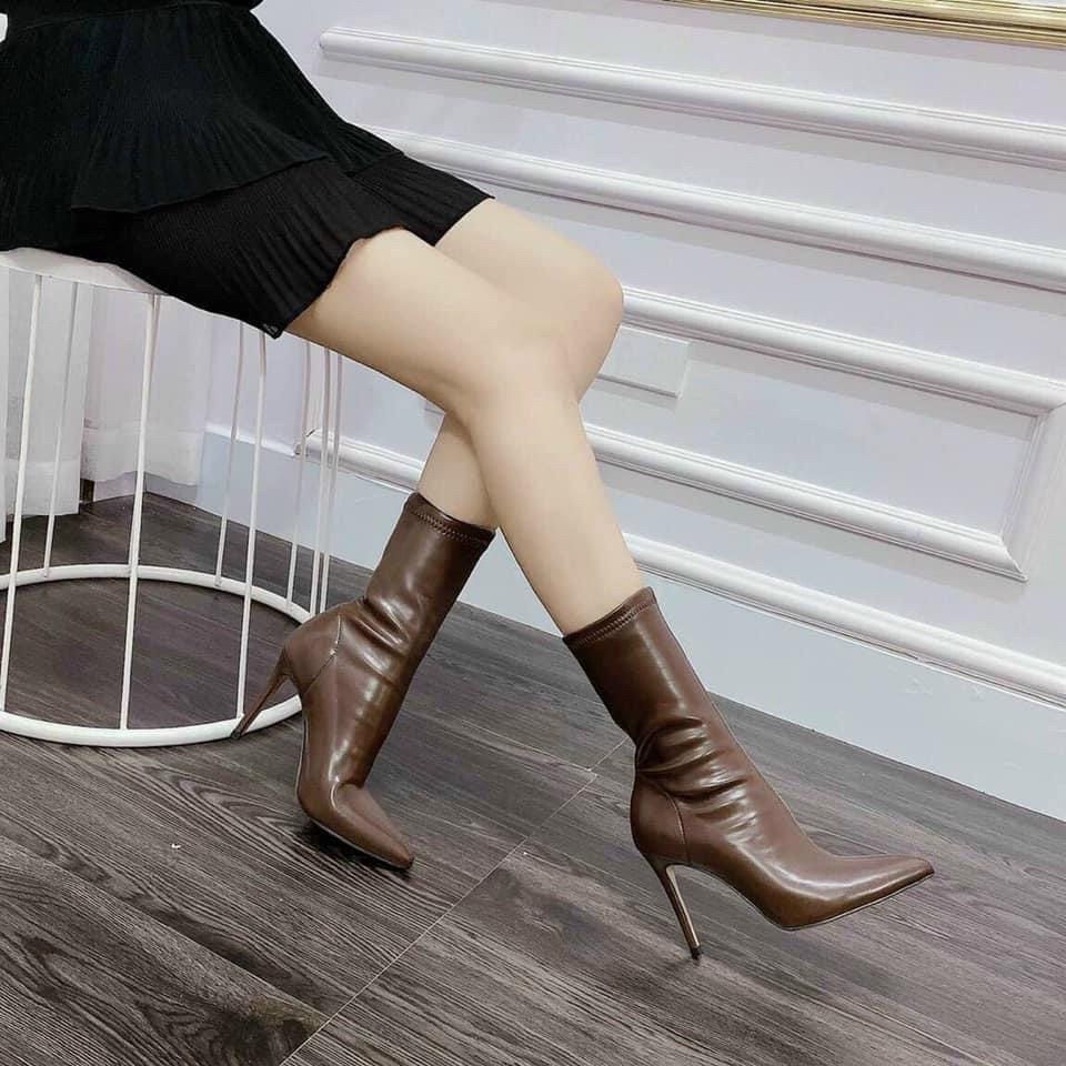 Bốt đùi nữ da lì (Loại 1), Boot n ữ đùi lửng dưới gối gót nhọn 8-9cm 2 màu đen và nâu hàng Fullbox Bigfree CAO CẤP